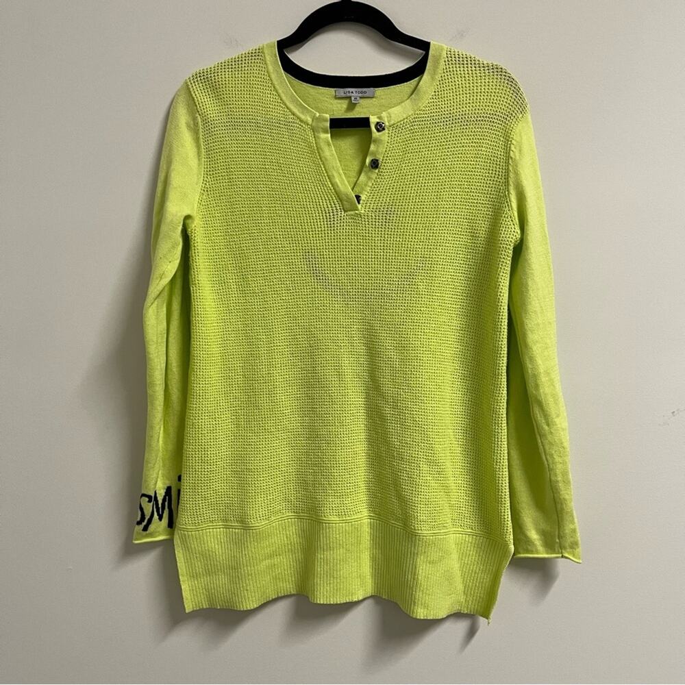 Lisa Todd Smiley Cashmere Blend Waffle Knit Sweater XS Neon Green - Picture 1 of 6